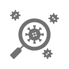 Magnifying glass and coronavirus vector icon. Virus laboratory symbol. Covid 19 lab research. research for medicine. Simple isolated pictogram illustration.