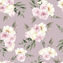 Obraz na płótnie Canvas Seamless pattern with watercolor hand draw delicate flowers and leaves, isolated on white background