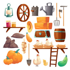 Set of barn stuff, chicken and chicks. Farm things wooden wheel, watering can and metal bucket, barrel, hay bale and pumpkin. Coop with perch, farmer tools and veggies crop Cartoon vector illustration