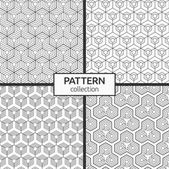 Set of four abstract seamless hexagons patterns. Modern stylish texture. Small hexagons connected with lines. Repeating geometric tiles with triple elements. Vector monochrome backgrounds.