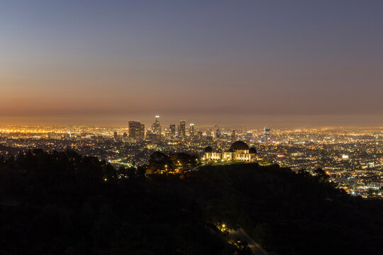 Dusk view of downtown Los Angeles from Mt Hollywood in scenic Griffith Park.