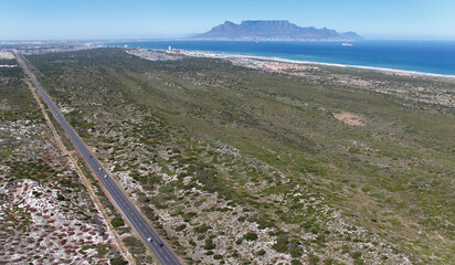 Cape Town, Western Cape / South Africa - 11/02/2011: Aerial photo of Cape Town CBD and Table Mountain from Blouberg