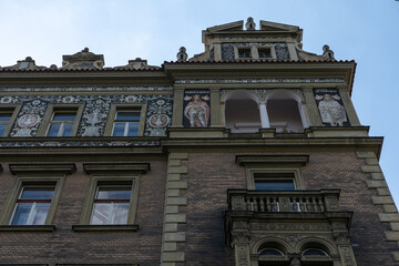 more than a hundred years old Prague architecture and the background is blue sky