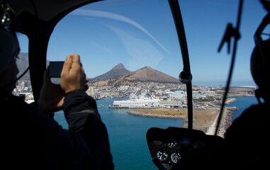 Cape Town, Western Cape / South Africa - 11/03/2011: Helicopter pilot's cockpit view of landing at V&A Waterfront