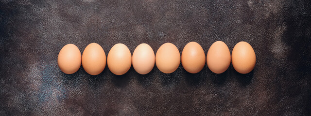 Brown chicken eggs in a row on a dark painted rustic background. Top view, flat lay, copy space,...