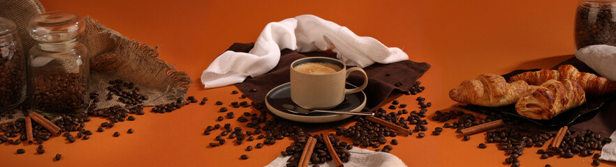 Large format coffee panorama with croissants and cinnamon