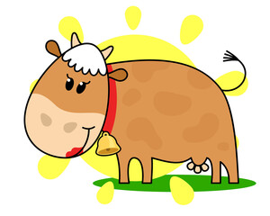 Cute cow in the meadow against the background of the summer sun. Cartoon character on a white background. Vector illustration