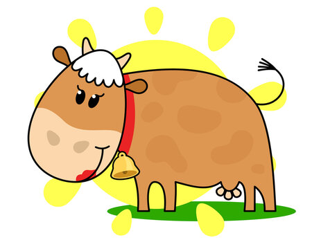 recommend clip art: Cute cow in the meadow against the background of the summer sun. Cartoon character on a white background. Vector illustration
