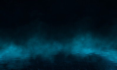 Темная улица, мокрый асфальт, отражения лучей в воде. Абстрактная синяя предпосылка, дым, смог. Пустая темная драматичная сцена, неоновый свет, прожекторы. Жидкость. Река ночью.