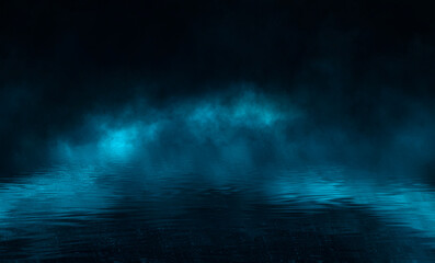 Темная улица, мокрый асфальт, отражения лучей в воде. Абстрактная синяя предпосылка, дым, смог. Пустая темная драматичная сцена, неоновый свет, прожекторы. Жидкость. Река ночью.