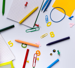 Many different school supplies on white background. Back to school concept.