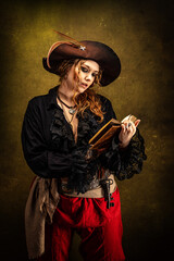 Fototapeta premium Portrait of a privateer in profile, reading a book