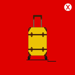 An illustration of a yellow suitcase on a red background. Travel ban. Luggage ban.