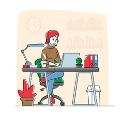 Woman Freelancer Wearing Headset Sitting in Comfortable Armchair Working Distant on Laptop. Female Character Creative Employee Work at Home. Remote Freelance Work Concept. Linear Vector Illustration