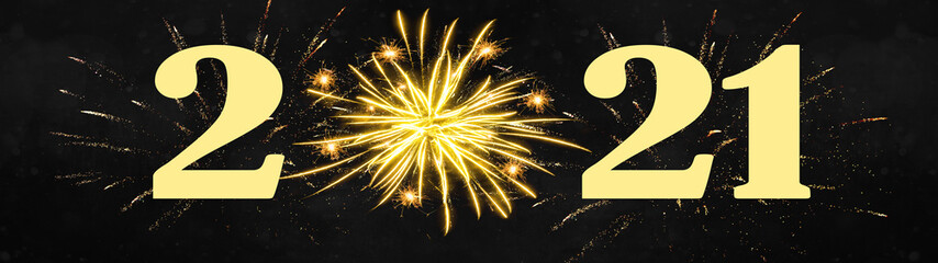 Obraz premium HAPPY NEW YEAR 2021 - Festive silvester Party celebration background panorama banner long - Golden yellow firework on black night texture with space for text
