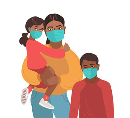 Mother son and daughter wear medical masks. Virus prevention. African Indian Persons. Vector Family illustration