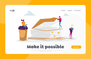 Paper Documents Landing Page Template. Busy Office People Characters Employees Paperwork Deadline, Stress. Businesspeople Looking on Huge Pile of Documentation and Folders. Cartoon Vector Illustration