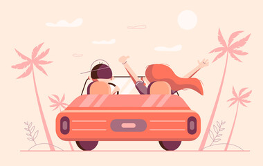 Young man and woman driving red car towards sunny tropical landscapes with palms