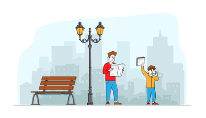 Characters Reading and Selling Newspapers. Businessman Character Read News Walking at Work. Sales Boy Offering Publication on Street. Press Social Media Information Linear People Vector Illustration