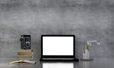Minimalist shot of generic laptop computer and working accessories resting on white table. Workplace of unknown freelancer or student. Electronic gadgets, communication and networking 