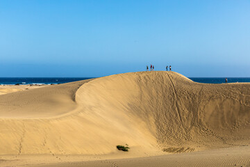 Fototapeta na wymiar people on the top of sand dune on the beach in maspalomas, gran canaria, spain