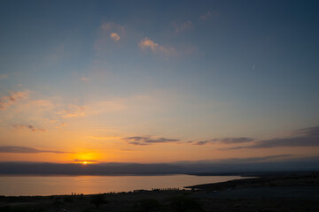 Fototapeta na wymiar Coastline of Dead Sea at Sunset , Jordan