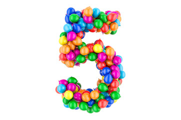 Number 5 from colored balloons, 3D rendering