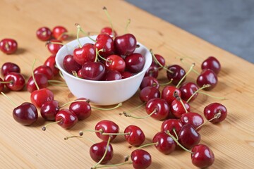 Red Cherries. pile of ripe cherries with stalks.