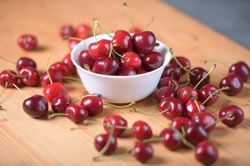 Red Cherries. pile of ripe cherries with stalks.