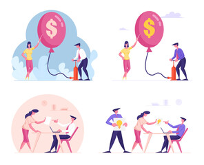Fototapeta premium Set Male and Female Business People Inflate Huge Balloons with Dollar Sign and Pin with Needle, Inflation. Businesswoman Character Share Creative Ideas with Boss in Office. Cartoon Vector Illustration