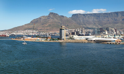 Cape Town, Western Cape / South Africa - 02/08/2012: Aerial photo of Cape Town Harbour with Table Mountain in the background