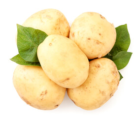Young potatoes and green leaf on a white background, isolated. The view from top