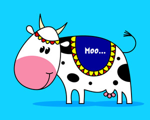 Bright cow against a blue background. Cartoon character