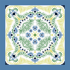 Bandana print. Women's shawl with floral pattern. Mediterranean wallpaper. Portuguese tile azulejo. Turkish ornament. Spanish porcelain. Ceramic dishes. 