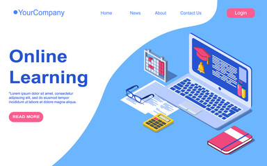 Online learning education concept . Laptop with opened text document, mortar board student cap and glasses. Landing page isometric vector illustration isolated on background. EPS