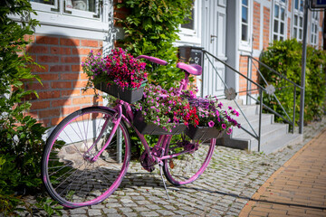 Fototapeta na wymiar in front of old half-timbered house stands a bicycle planted with flowers for decoration