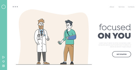 Correction of Lost Physical Body Abilities Landing Page Template. Injured Man with Broken Hand Chat with Doctor Get Medicine Remedy. Character with Physical Injure. Linear People Vector Illustration