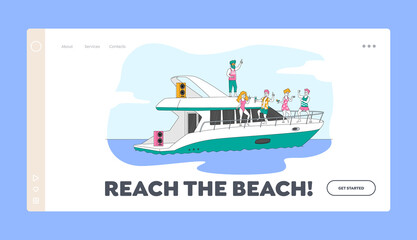 Summertime Vacation Cruise Landing Page Template. Young People Relaxing on Luxury Yacht at Ocean. Happy Characters Rest on Ship Jumping to Sea Drinking and Take Sun Bathing. Linear Vector Illustration