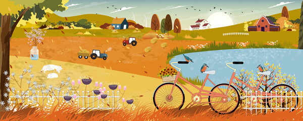 Autumn landscape with farmhouse and Kingfisher bird standing on bicycle by lake,Vector late Summer in countryside with wood barn, tractor and flowers grass fields on hills.Eco Farming agriculture