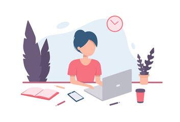 Girl sitting with laptop at the table. Freelance, online concept, isolated