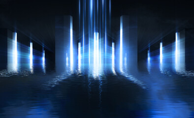 Light tunnel, abstract light reflected in the water. Blue background, rays and lines. Night view of the room.