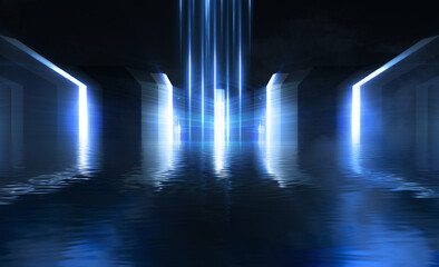 Light tunnel, abstract light reflected in the water. Blue background, rays and lines. Night view of the room.