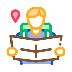 tourist reading map icon vector. tourist reading map sign. color symbol illustration