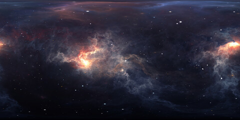 360 Grad interstellare Wolke aus Staub und Gas. Weltraumhintergrund mit Nebel und Sternen. Glühender Nebel. Panorama, Umgebung 360°-HDRI-Karte. Gleichwinklige Projektion, sphärisches Panorama © Peter Jurik
