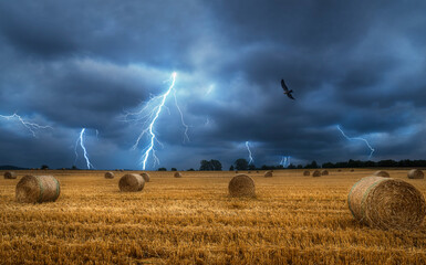 Hay bales on field during a lightning storm. Dark and stormy landscape