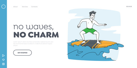 Surfing Recreation in Ocean. Landing Page Template. Man Surfer Character in Swim Wear Riding Big Sea Wave on Board. Summertime Activity, Healthy Lifestyle, Vacation Leisure. Linear Vector Illustration