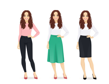 Young happy woman with long hair dressed in different casual business style clothes set isolated vector illustration