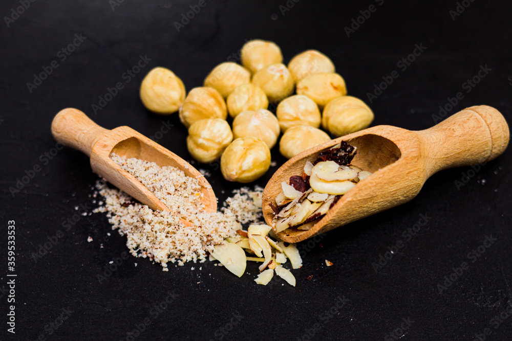 Canvas Prints closeup of grated, ground and whole hazelnut