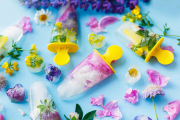 Floral Ice Pops. Hello summer concept. Frozen popsicles and ice cubes made of colorful wildflowers on blue background flat lay with fresh summer flowers