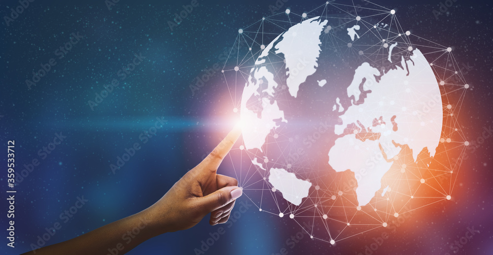 Poster Global Network And Connection. Hand touching 3D world globe with polygonal wireframe
